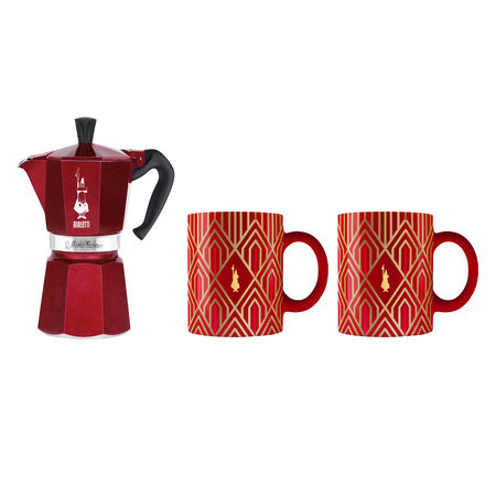 Bialetti  Deco Glamour  Moka Express 6tz Rot + 2 Tassen