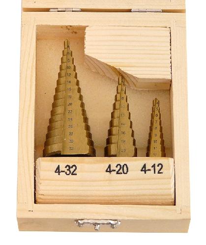 GEKO STUFENBOHRER 3-teilig 4–32 mm, in Holzkiste