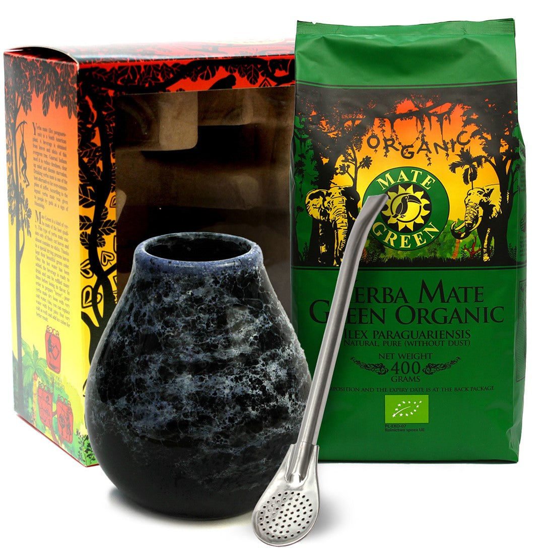 YERBA MATE BIO SET 400 g, MATERO (Zufälliges Muster), BOMBILLA – BIO-MATE GRÜN