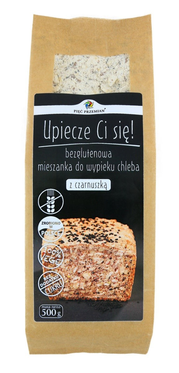 MISCHUNG ZUM BROTBACKEN MIT SCHWARZSUMP OHNE ZUCKERZUSATZ, GLUTENFREI 500 g – FÜNF UMWANDLUNGEN