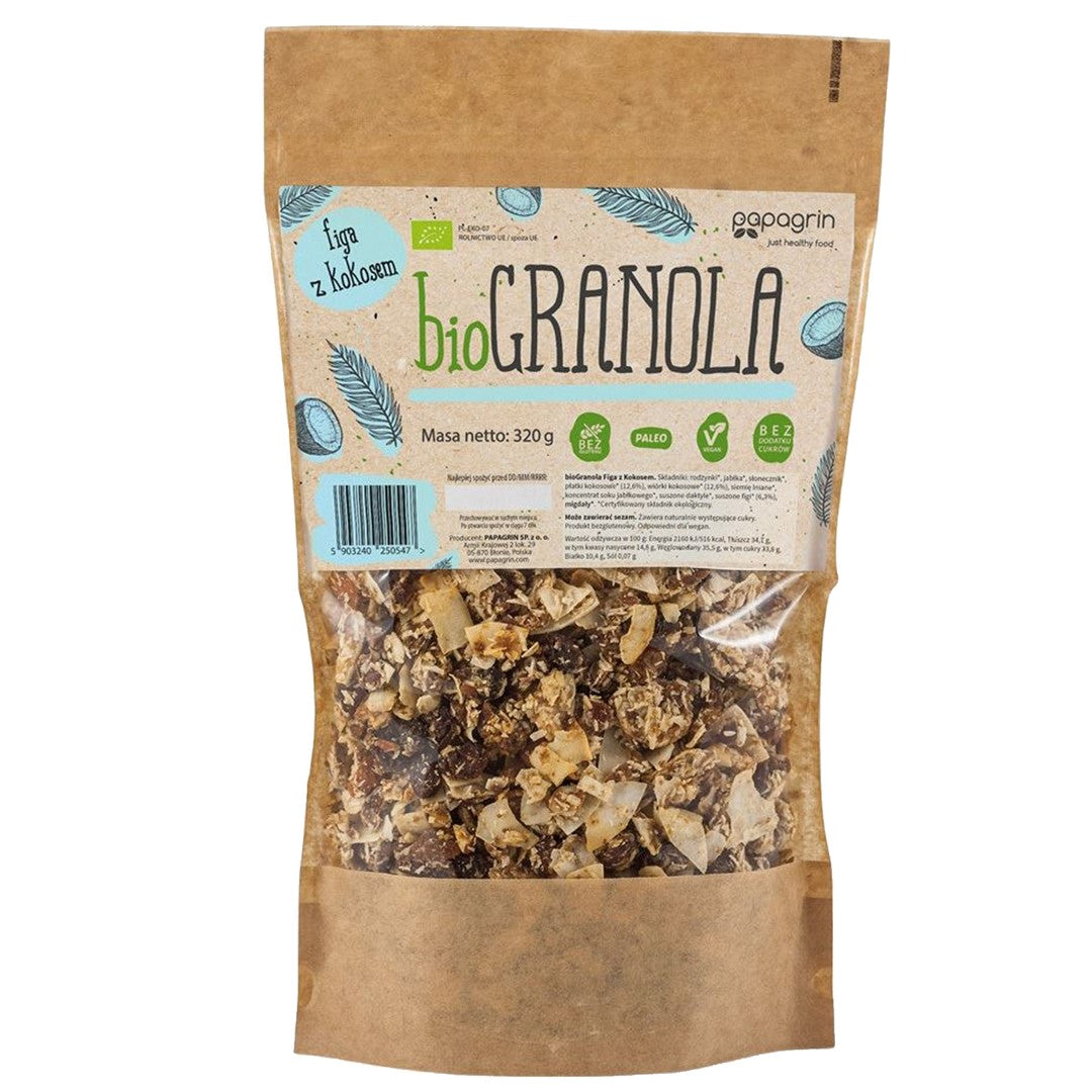 FEIGENGRANOLA MIT KOKOSNUSS OHNE ZUCKERZUSATZ, GLUTENFREI, BIO 320 g - PAPAGRIN