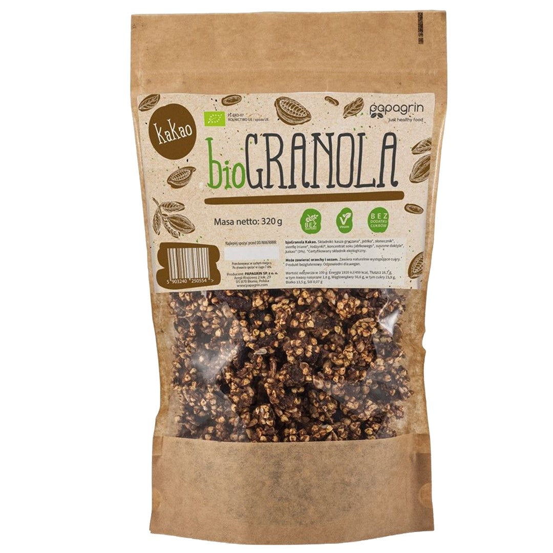 KAKAO-GRANOLA OHNE ZUCKERZUSATZ, GLUTENFREI, BIO 320 g - PAPAGRIN