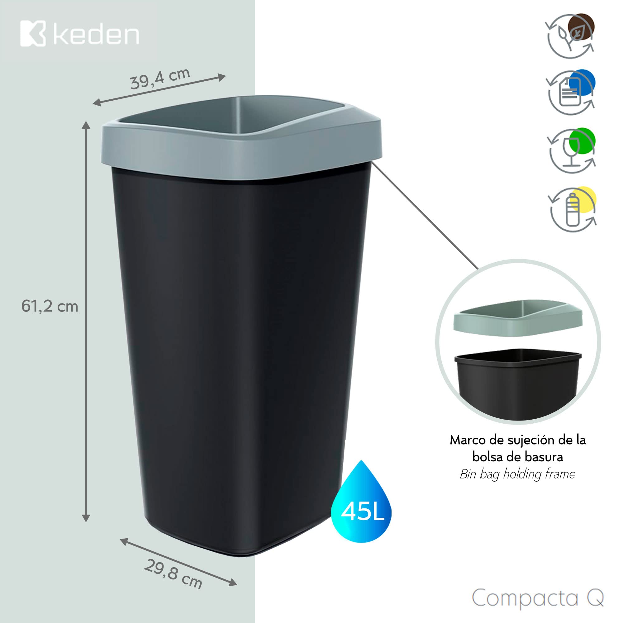 KEDEN COMPACTA Q 45L ABFALLBEHÄLTER – GLATTES GRAU