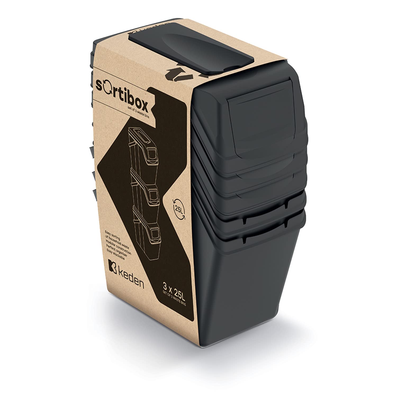 KEDEN SORTIBOX ABFALLBEHÄLTER 25L SET 3 – SCHWARZ RECYCLING