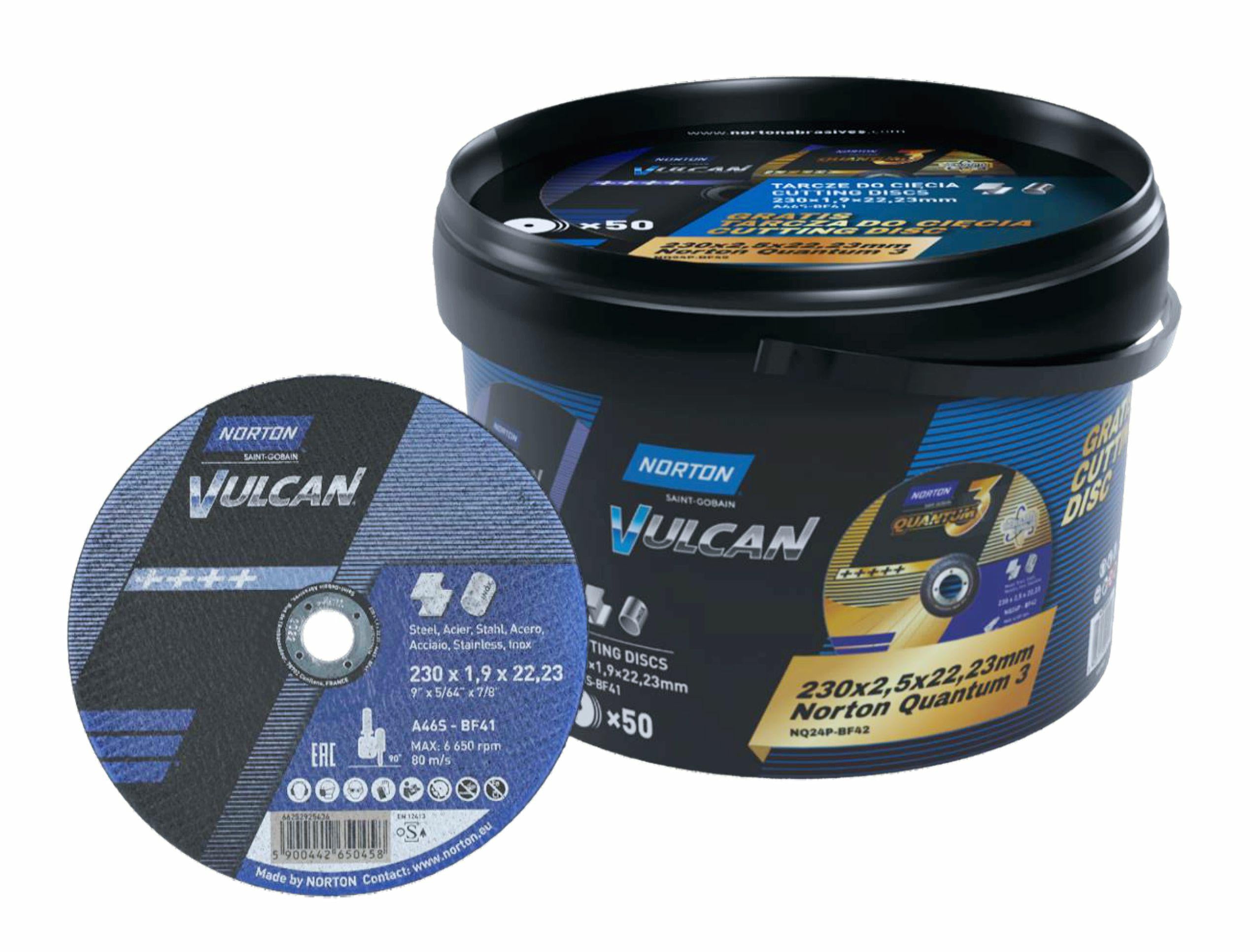 NORTON SHIELD.VULCAN 230 x 1,9 EIMER 50/Stk. A46S FÜR METALL + 2 KOSTENLOSE SCHEIBEN