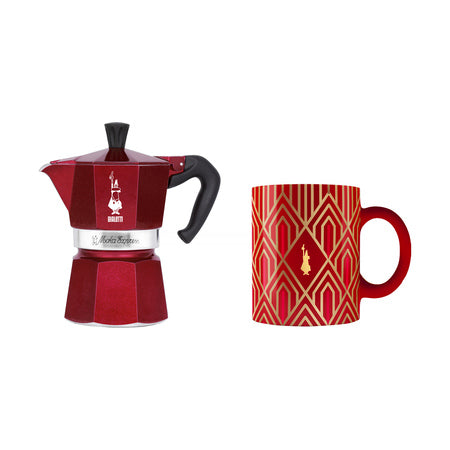 Bialetti Moka Express 3tz Rot + Becher Deco Glamour