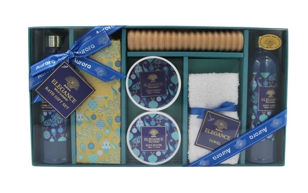 AUREUS - Aurora Geschenkset Massagegel 260 ml + Balsam 260 ml + Salz 100 g + Butter 50 ml + Peeling 50 ml + Massagegerät + Handtuch