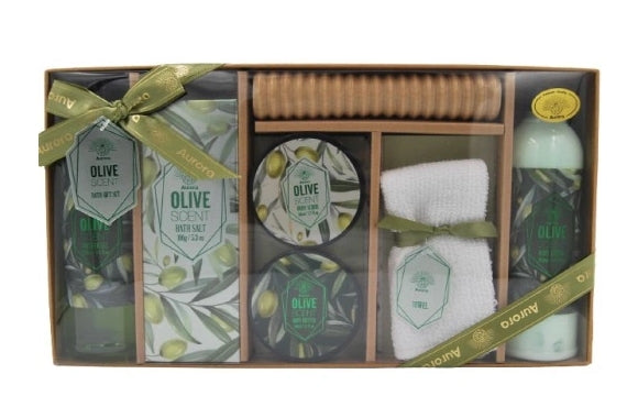AUREUS - Aurora Geschenkset Massagegerät Olivengel 260 ml + Balsam 260 ml + Salz 100 g + Peeling 50 ml + Butter 50 ml + Massagegerät + Handtuch