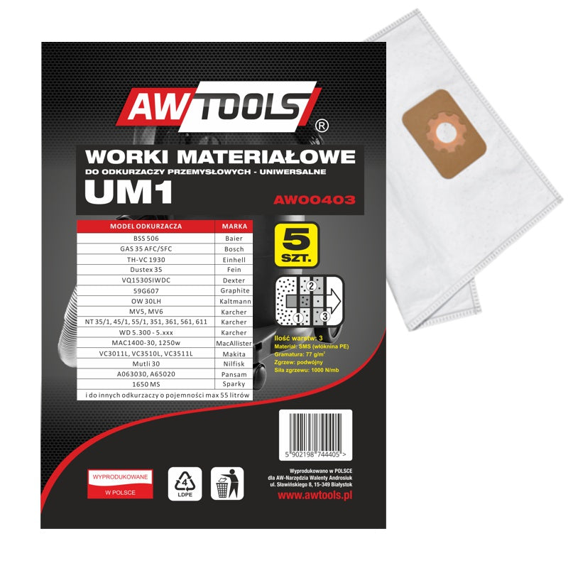AWTOOLS MIKRO-VLIESTASCHEN, 5er-Set. UM1, GAS35/VC3011L/VC3510L/VC3511L