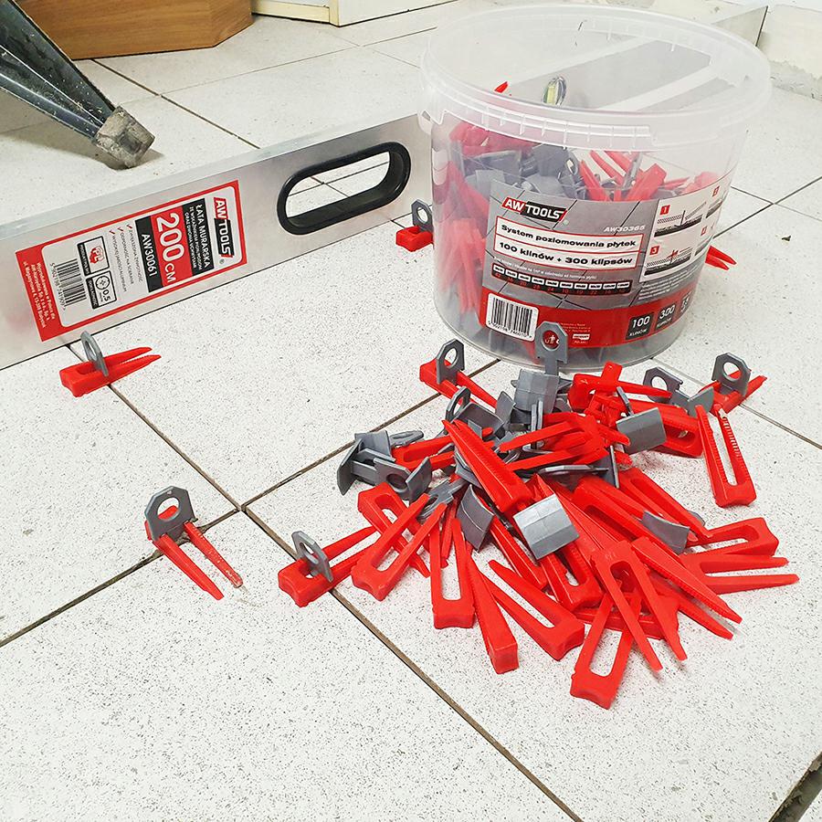 AWTOOLS LEVEL UP FLIESENNIVELLIERSYSTEM 1,0 mm – 6–17 mm – CLIP 100 Stk. + KEIL 100 Stk.