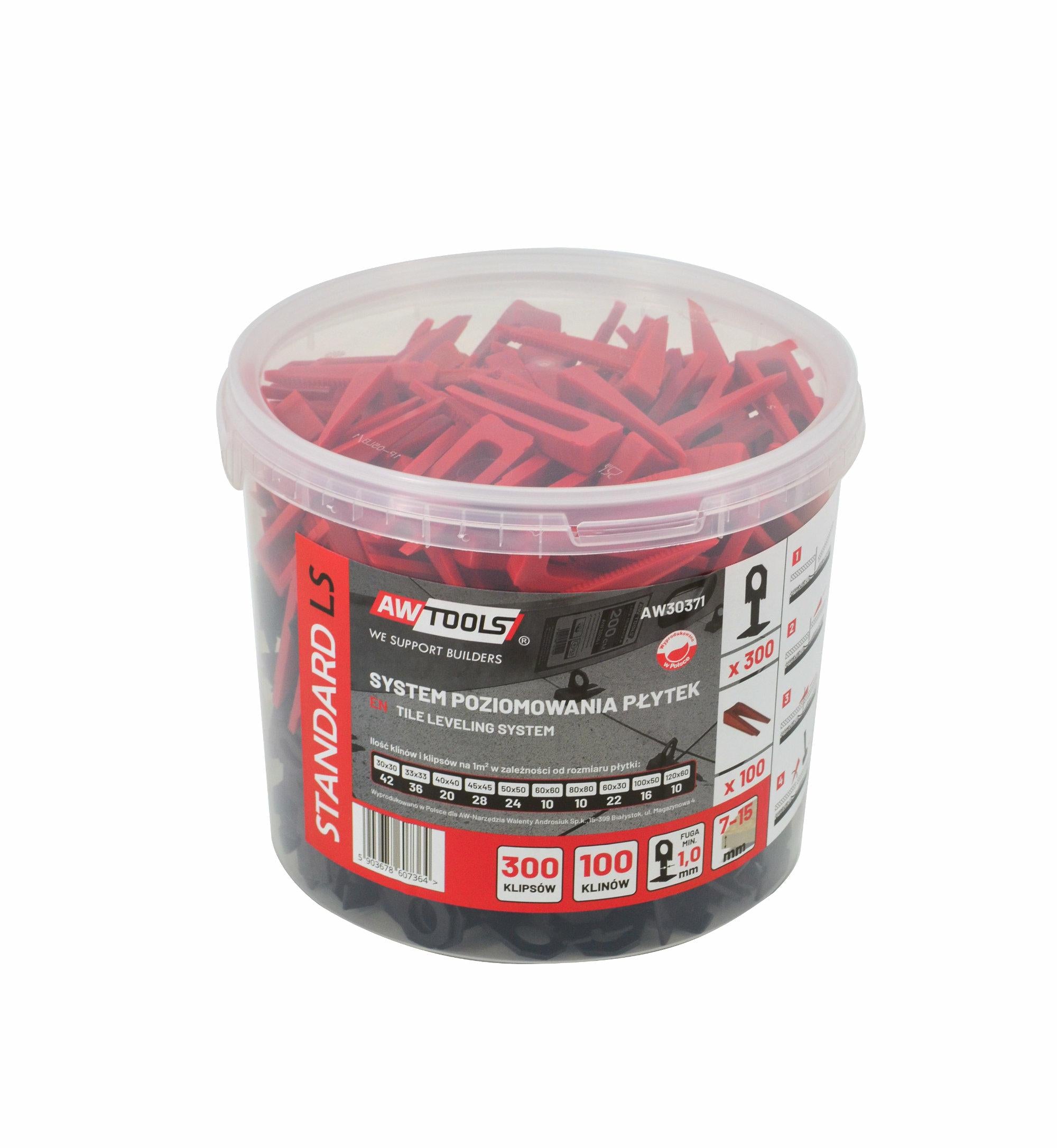 AWTOOLS STANDARD-FLIESENNIVELLIERSYSTEM 1,0 mm – 7–15 mm – CLIP 300 Stk. + KEIL 100 Stk.