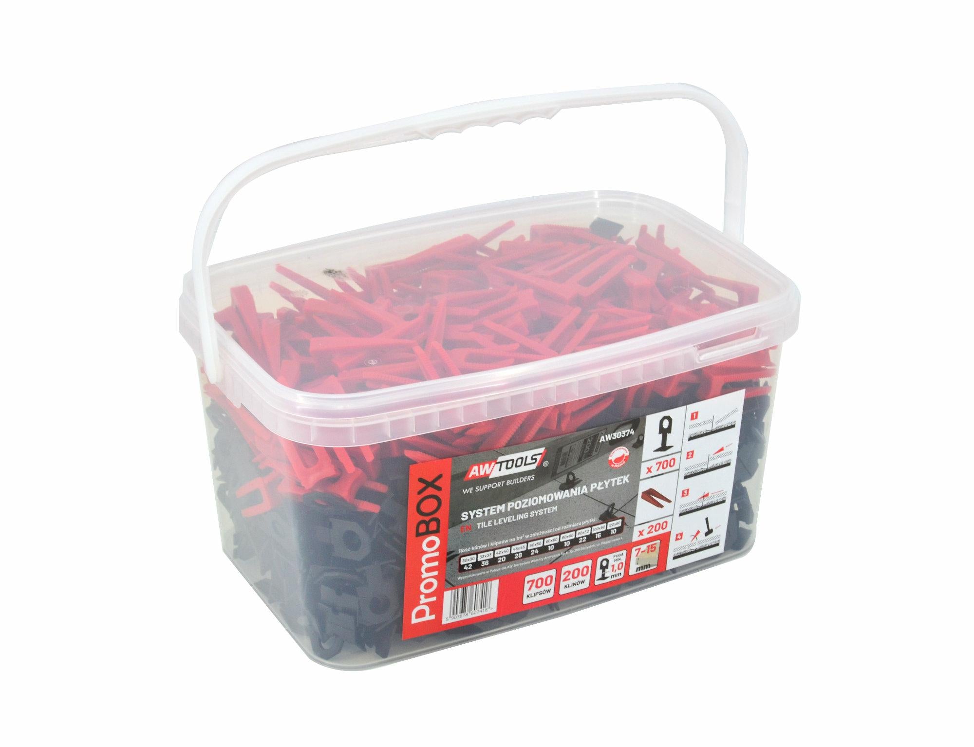 AWTOOLS PROMO BOX FLIESENNIVELLIERSYSTEM 1,0 mm – 7–15 mm – CLIP 700 Stk. + KEIL 200 Stk.