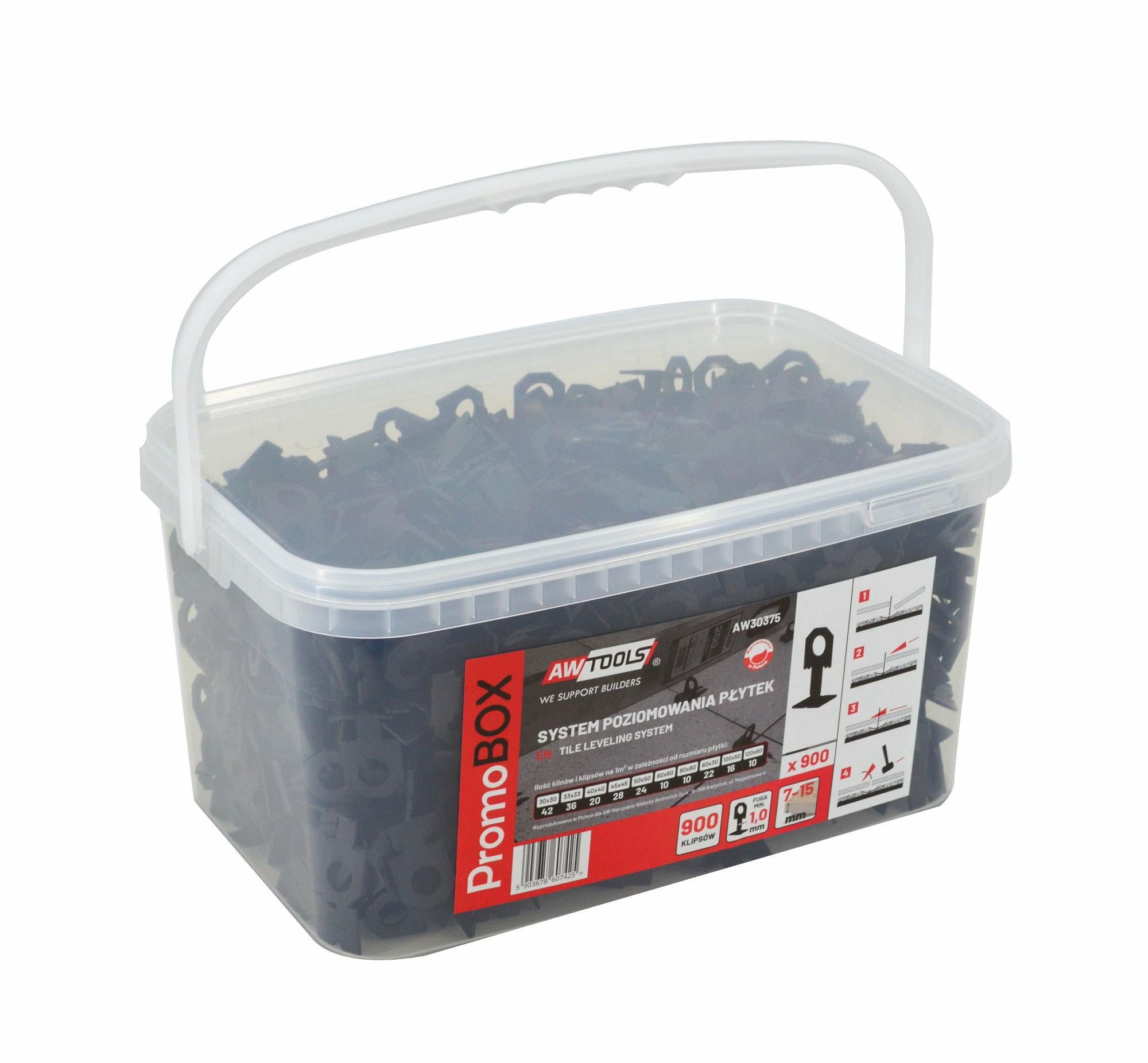 AWTOOLS PROMO BOX FLIESENNIVELLIERSYSTEM 1,0 mm – 7–15 mm – CLIP 900 Stk.