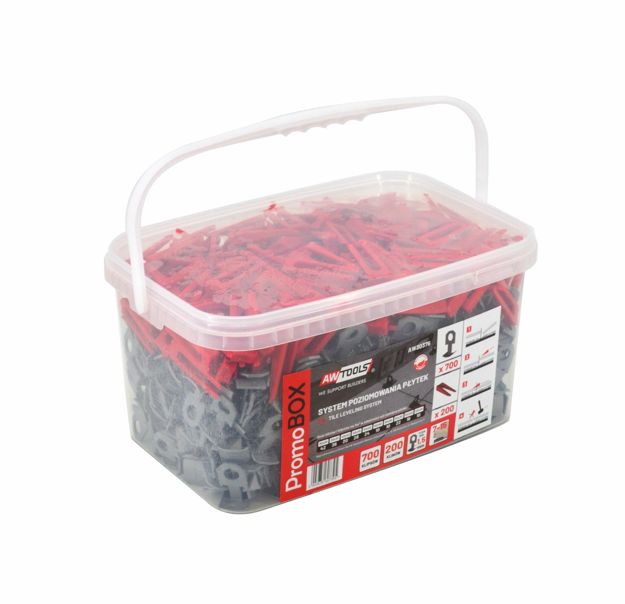 AWTOOLS PROMO BOX FLIESENNIVELLIERSYSTEM 1,5 mm – 7–15 mm – CLIP 700 Stk. + KEIL 200 Stk.