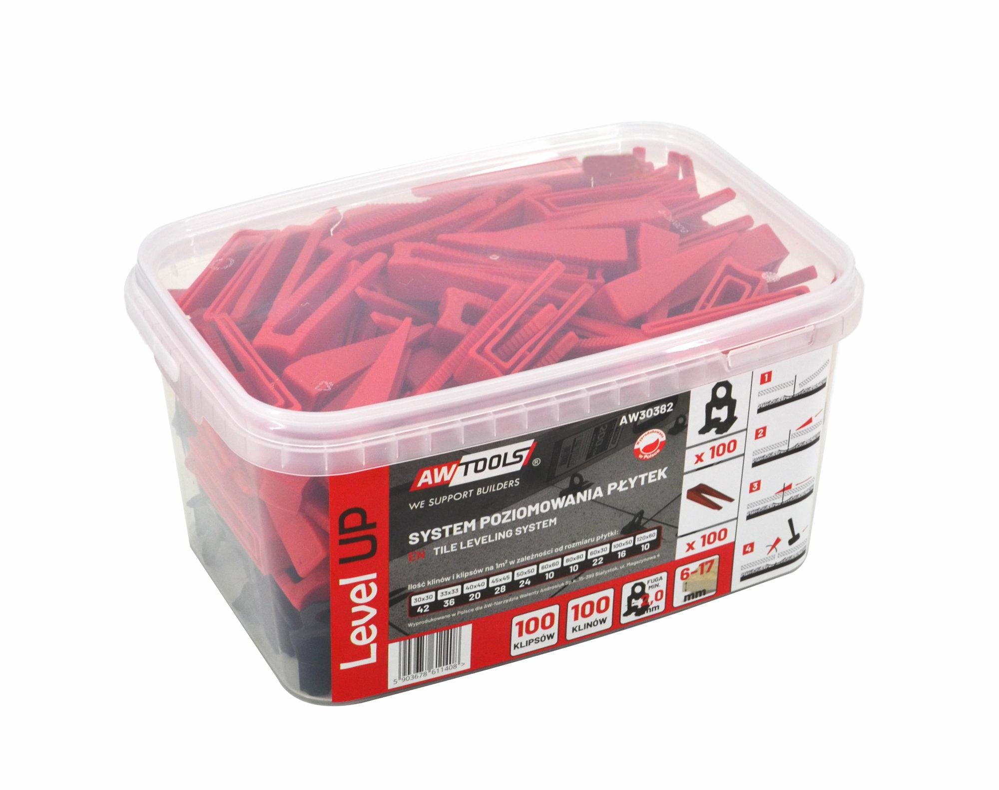 AWTOOLS LEVEL UP FLIESENNIVELLIERSYSTEM 2,0 mm – 6–17 mm – CLIP 100 Stk. + KEIL 100 Stk.