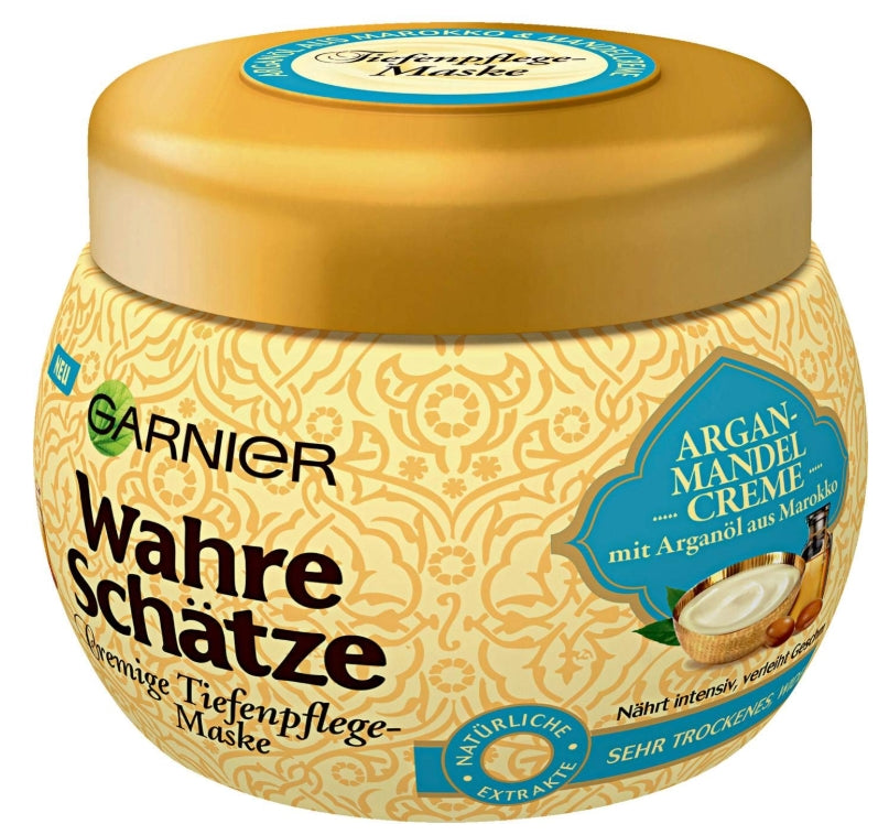 GARNIER - Garnier True Treasures, Cremige Maske zur Tiefenpflege, Haarkur mit Arganöl aus Marokko, Trockenhaarpflege, 300ml