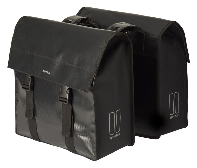 BASIL URBAN LOAD DOPPELTASCHE 48-53L, Universal Bridge System, 100 % wasserdicht, schwarz/schwarz