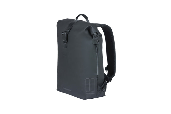 BASIL SOHO BACKPACK NORDLICHT17L Rucksack/Fahrradtasche, Hook-On-System-Befestigung, wasserdichtes Polyester, Beleuchtung, Nachtschwarz