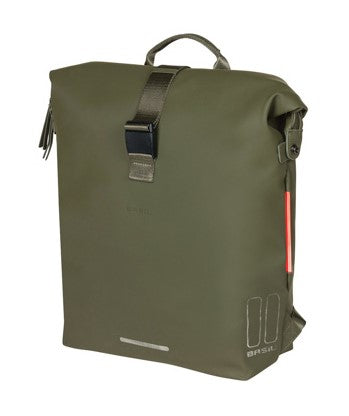BASIL SOHO BACKPACK NORDLICHT17L Rucksack/Fahrradtasche, Hook-On-System-Befestigung, wasserdichtes Polyester, Beleuchtung, moosgrün