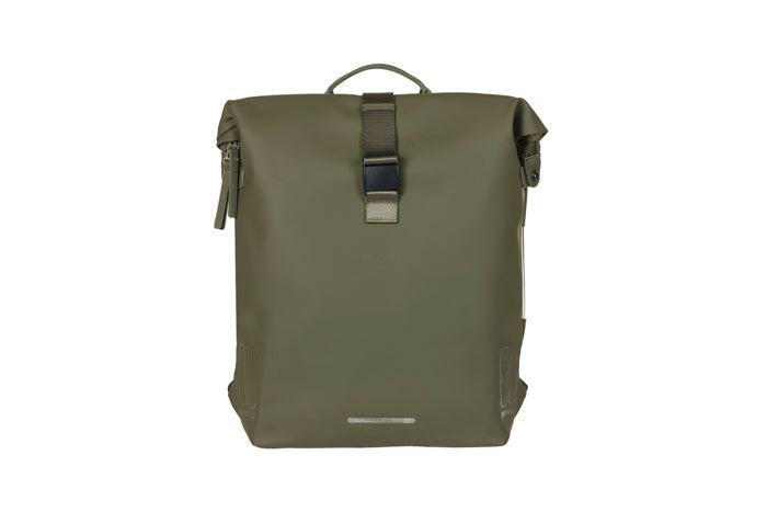 BASIL SOHO BACKPACK NORDLICHT17L Rucksack/Fahrradtasche, Hook-On-System-Befestigung, wasserdichtes Polyester, Beleuchtung, moosgrün
