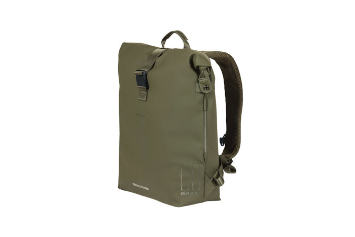 BASIL SOHO BACKPACK NORDLICHT17L Rucksack/Fahrradtasche, Hook-On-System-Befestigung, wasserdichtes Polyester, Beleuchtung, moosgrün