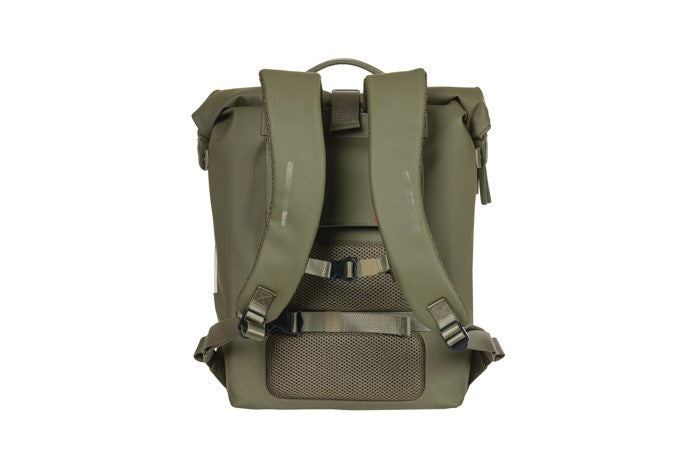 BASIL SOHO BACKPACK NORDLICHT17L Rucksack/Fahrradtasche, Hook-On-System-Befestigung, wasserdichtes Polyester, Beleuchtung, moosgrün