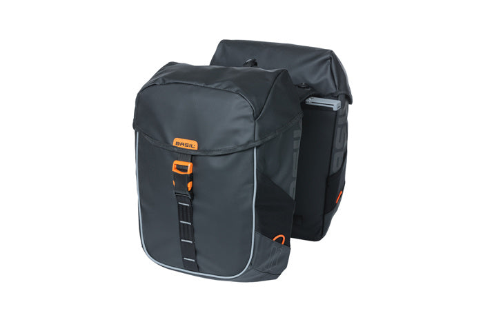 BASIL MILES TARPAULIN DOUBLE PANNIER BAG MIK 34L, doppelte City-Tasche, MIK-System (ready to go), 100 % wasserdicht, schwarzorange