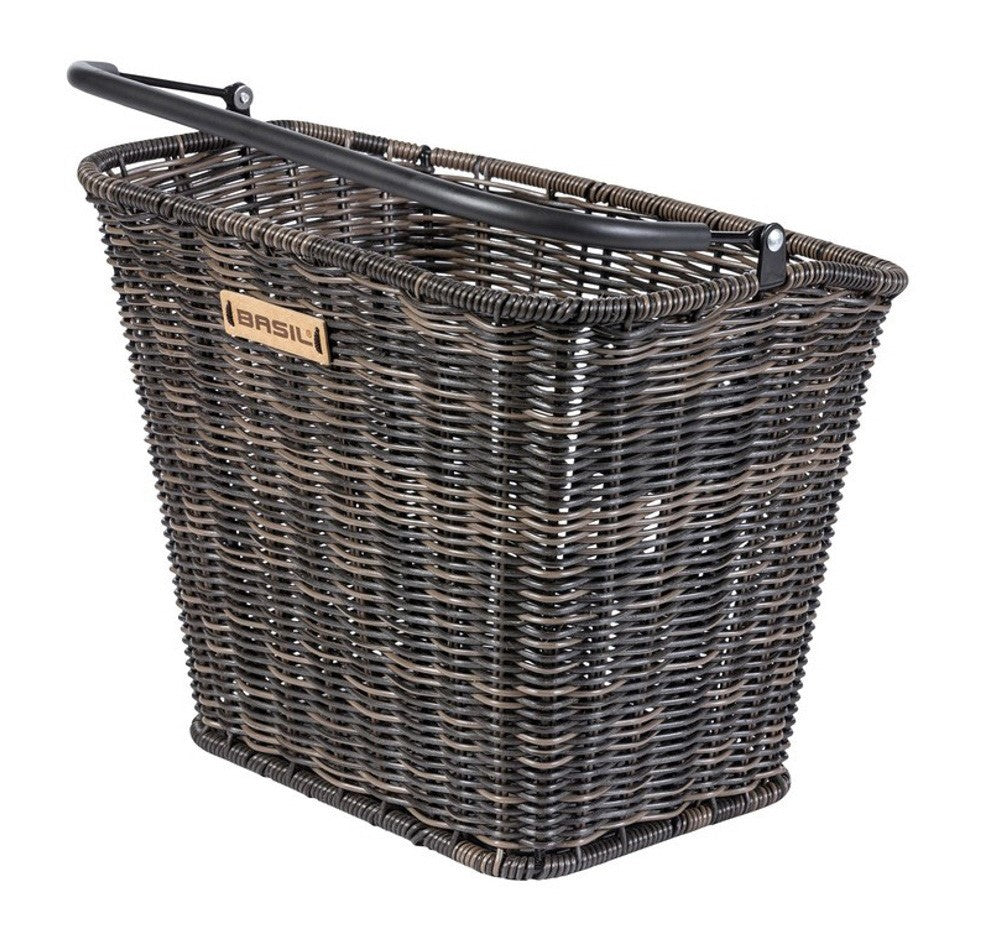 BASIL BREMEN RATTAN LOOK KF Rattan-Lenkerkorb + BASIL KLICKFIX ADAPTER PLATE Korbmontageplatte, abnehmbares Lenkermontagesystem (ohne Halterung) naturbrauner Rattan-Look