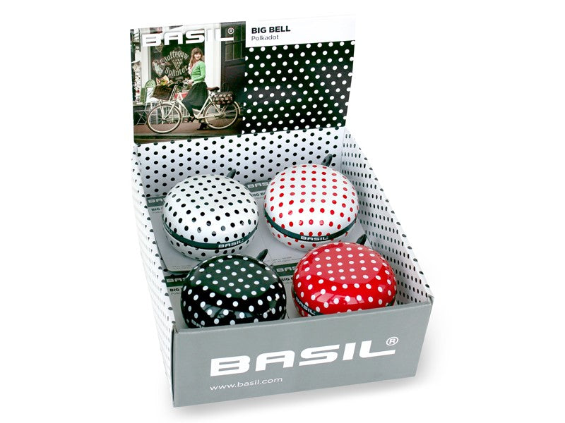 BASIL BIG BELL POLKADOT Fahrradklingel 80 mm, Farbmischung, Box mit 4 Stück.