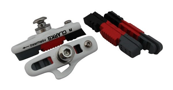 CLARKS CPS240 Bremsbeläge für Shimano/Avid/Tektro, 55 mm, trockene und nasse Bedingungen, Straße, weiß mit schwarz-rot-grauen Belägen + 2x zusätzlichen Belägen
