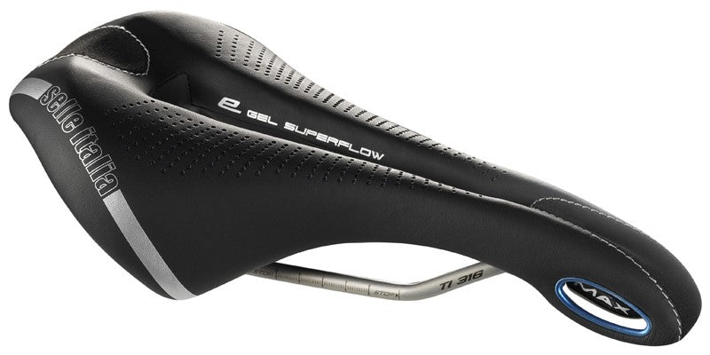 SELLE ITALIA MAX FLITE E-BIKE TI316 GEL SUPERFLOW L Sattel (ID entspricht L3), TI 316 Schiene, Fibra-Tek – Mokka, 335 g, Schwarz und Blau