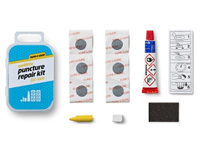 WELDTITE Cure-C-Cure Pannenreparaturset für Rennen (6x Flicken + Kleber + Schleifpapier + Kreide + Buntstift), Box mit 12 Stück.