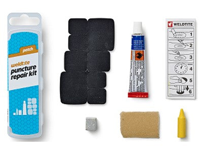 WELDTITE Patch Pannenreparaturset (8x Flicken + Kleber + Schleifpapier + Kreide + Buntstift), Box mit 25 Stück.